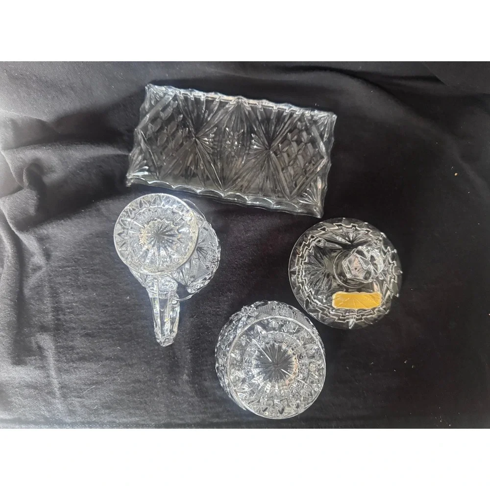 Vintage Handcut Lead Crystal Cream Sugar Set with Tray Western Germany Clear